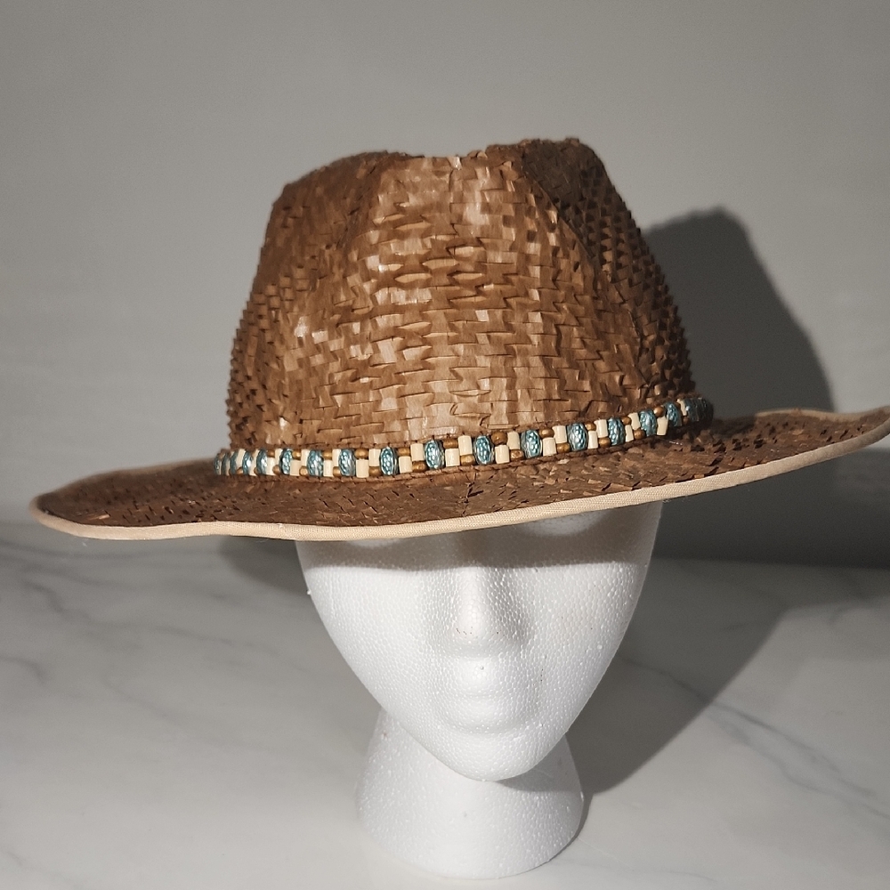 Brown Woven Hat with Beaded Band